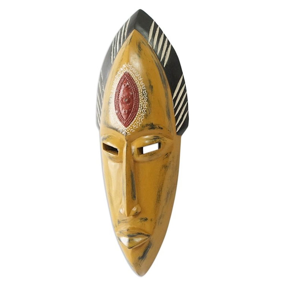 Handcrafted Yellow Sese Wood Mask with Aluminum Accents 'Yellow Beauty'