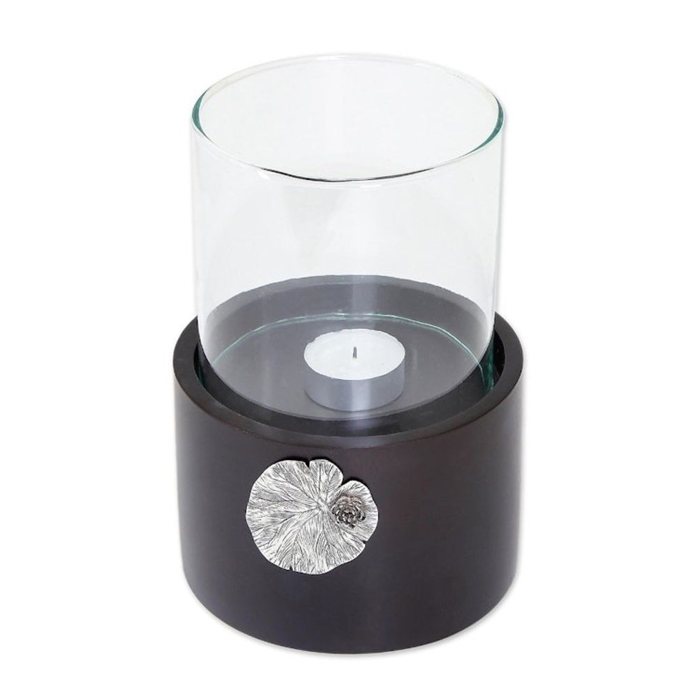 Lotus Motif Wood and Pewter Tealight Holder 'Elegant Lotus'