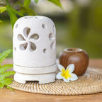 Balinese Carved Floral Limestone Tealight Holder Sculpture 'Jasmine Glow'