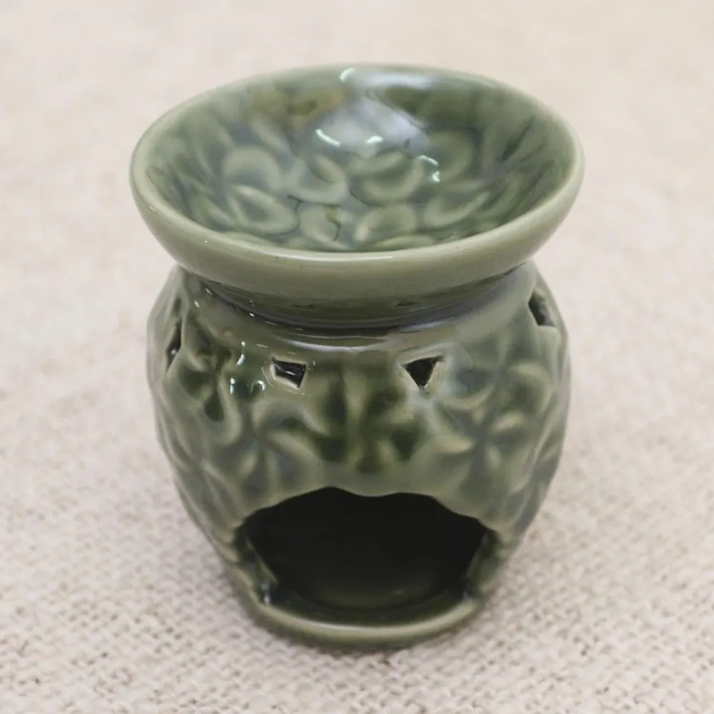 Frangipani Motif Green Ceramic Oil Warmer 'Jepun Flowers'