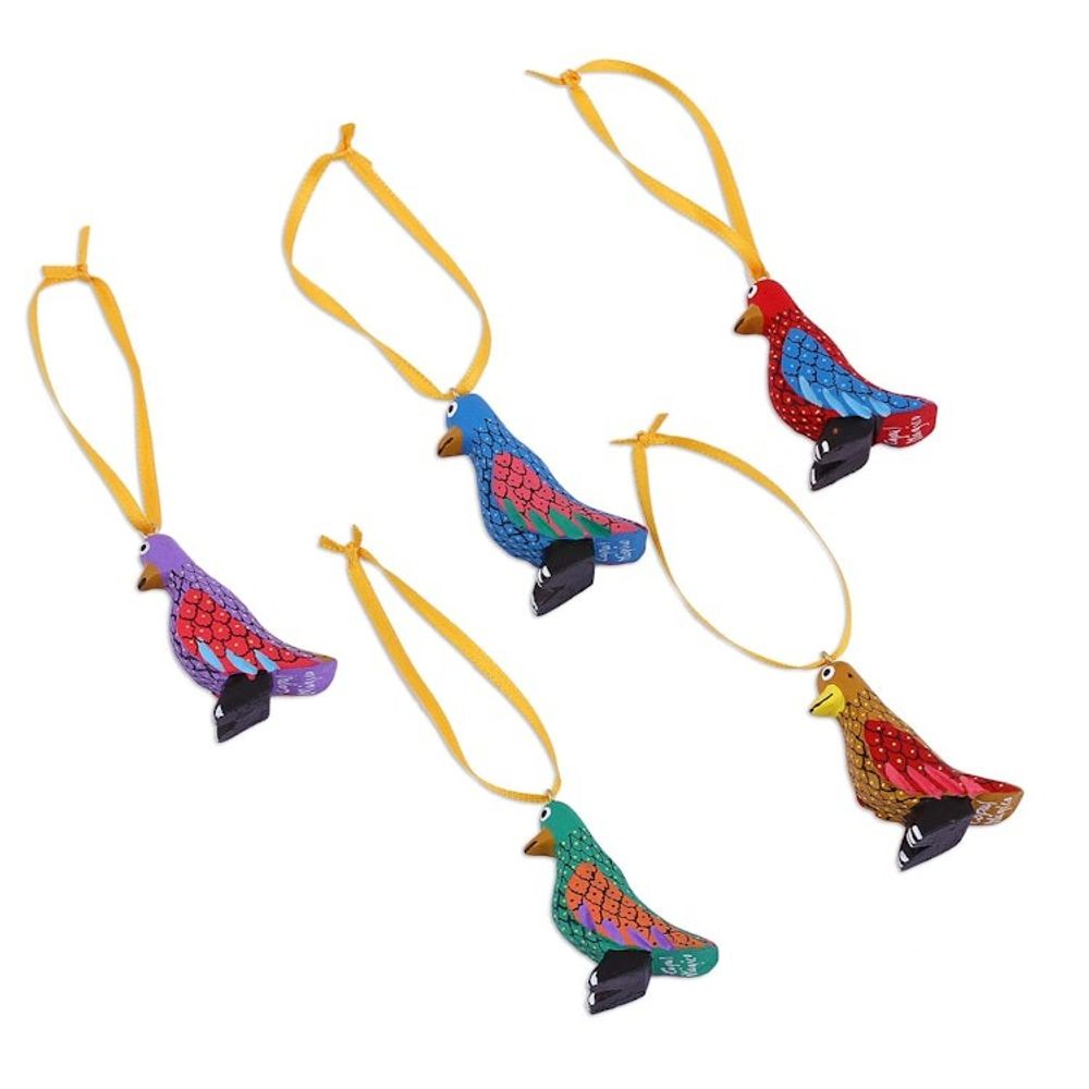Wood Alebrije Penguin Ornaments Set of 5 from Mexico 'Sweet Penguins'