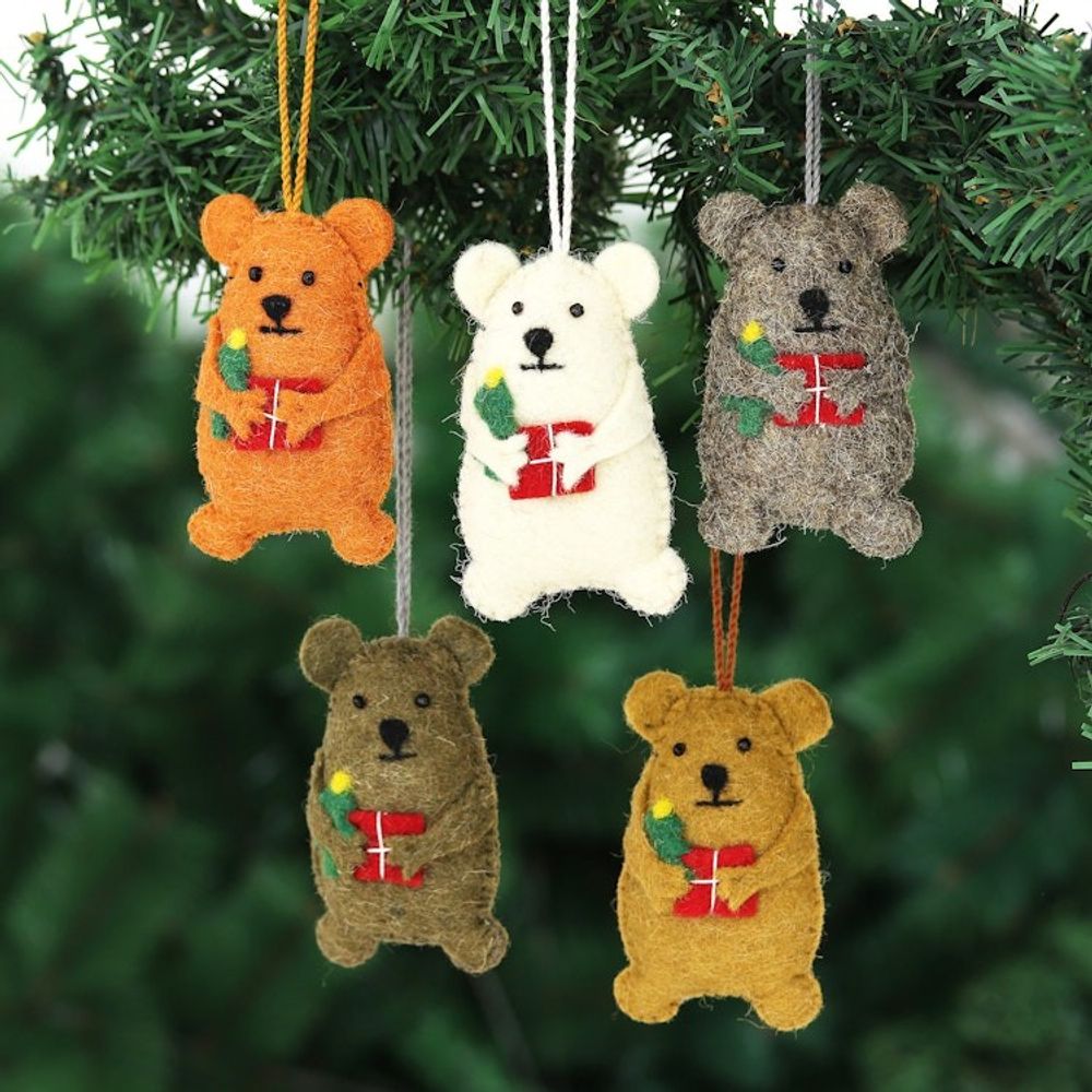 Wool Felt Bear Ornaments Set of 5 'Bearing Gifts'