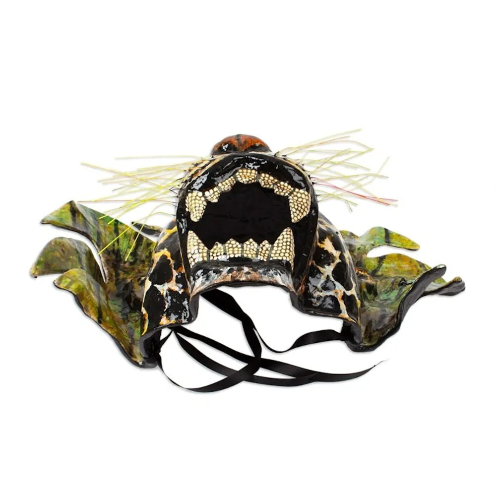 Hand-Painted Lacquered Mexican Jaguar Papier Mache Mask 'Green Jaguar'