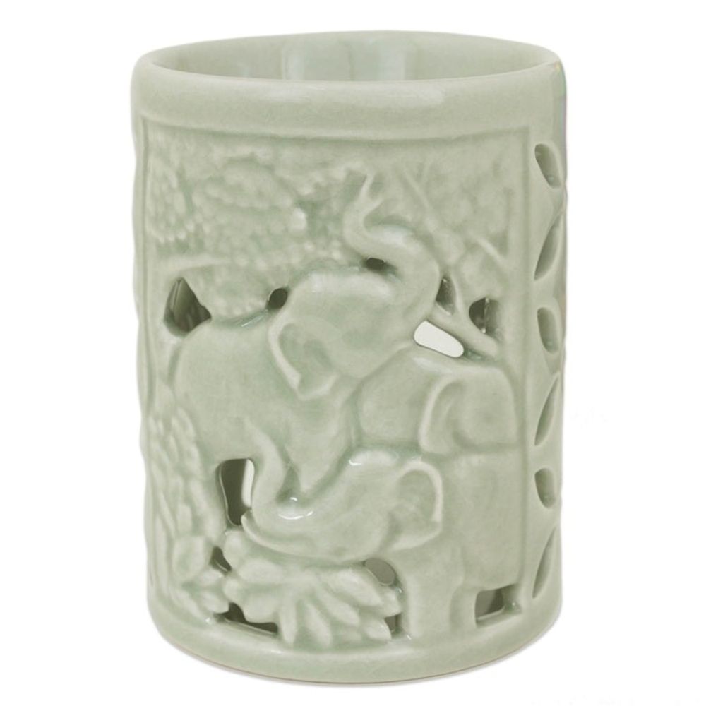 Hand Crafted Ceramic Clay Oil Warmer Thai Green Elephants 'Happy Forest'