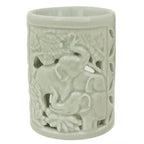 Hand Crafted Ceramic Clay Oil Warmer Thai Green Elephants 'Happy Forest'