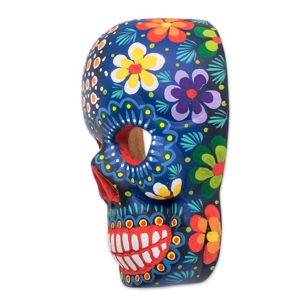 Hand-Painted Blue Floral Wood Skull Mask from Guatemala 'Life and Happiness'