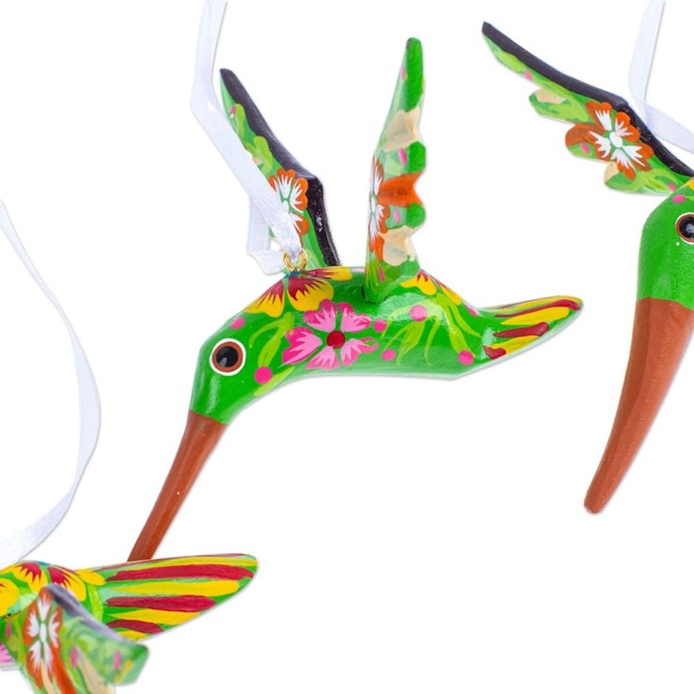 Set of 4 Handcrafted Copal Wood Bird Ornaments in Kiwi 'Kiwi Flutter'