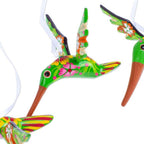 Set of 4 Handcrafted Copal Wood Bird Ornaments in Kiwi 'Kiwi Flutter'