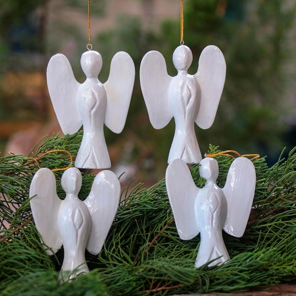 White Wood Angel Ornaments from Bali Set of 4 'Silent Angels'