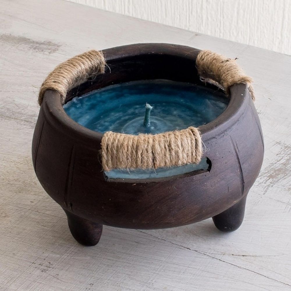 Hand Crafted Brown Ceramic Filled Jar Candle 'Turquoise Sea'