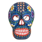 Hand-Painted Blue Floral Wood Skull Mask from Guatemala 'Life and Happiness'