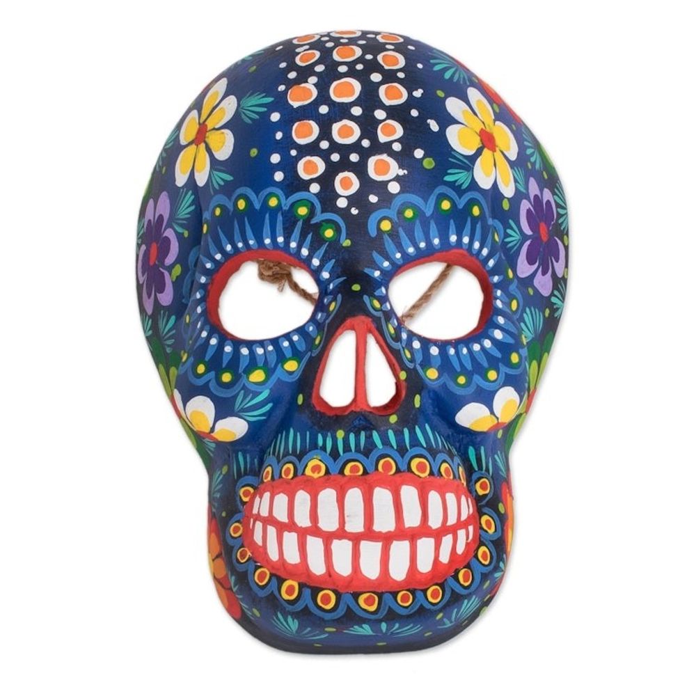 Hand-Painted Blue Floral Wood Skull Mask from Guatemala 'Life and Happiness'