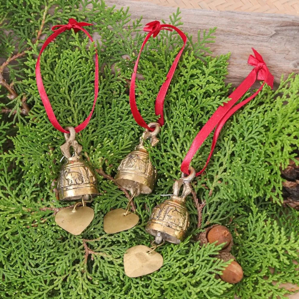 Set of 3 Brass Bell Ornaments with Elephants and Red Ribbons 'Elephant Chant'
