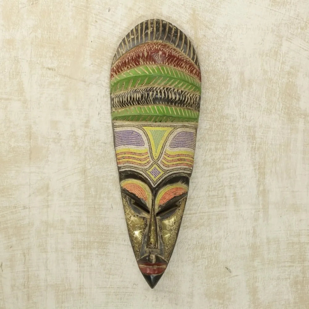 African Sese Wood Mask with Intricate Multicolor Beading 'Beaded Mother'