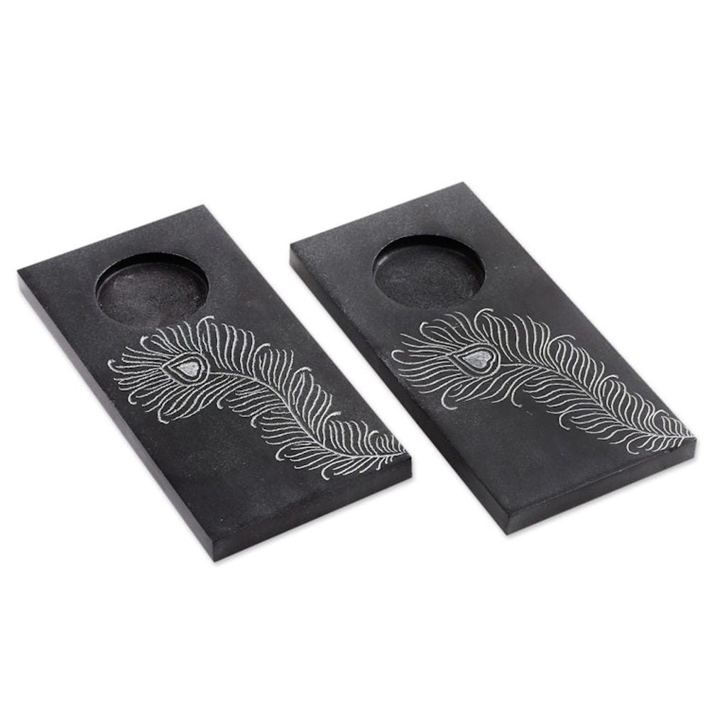 Pair of Handcrafted Soapstone Tealight Holders from India 'Peacock Flame''