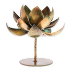 Handmade Lotus-Shaped Antique Golden Steel Tealight Holder 'Antique Lotus Benison'