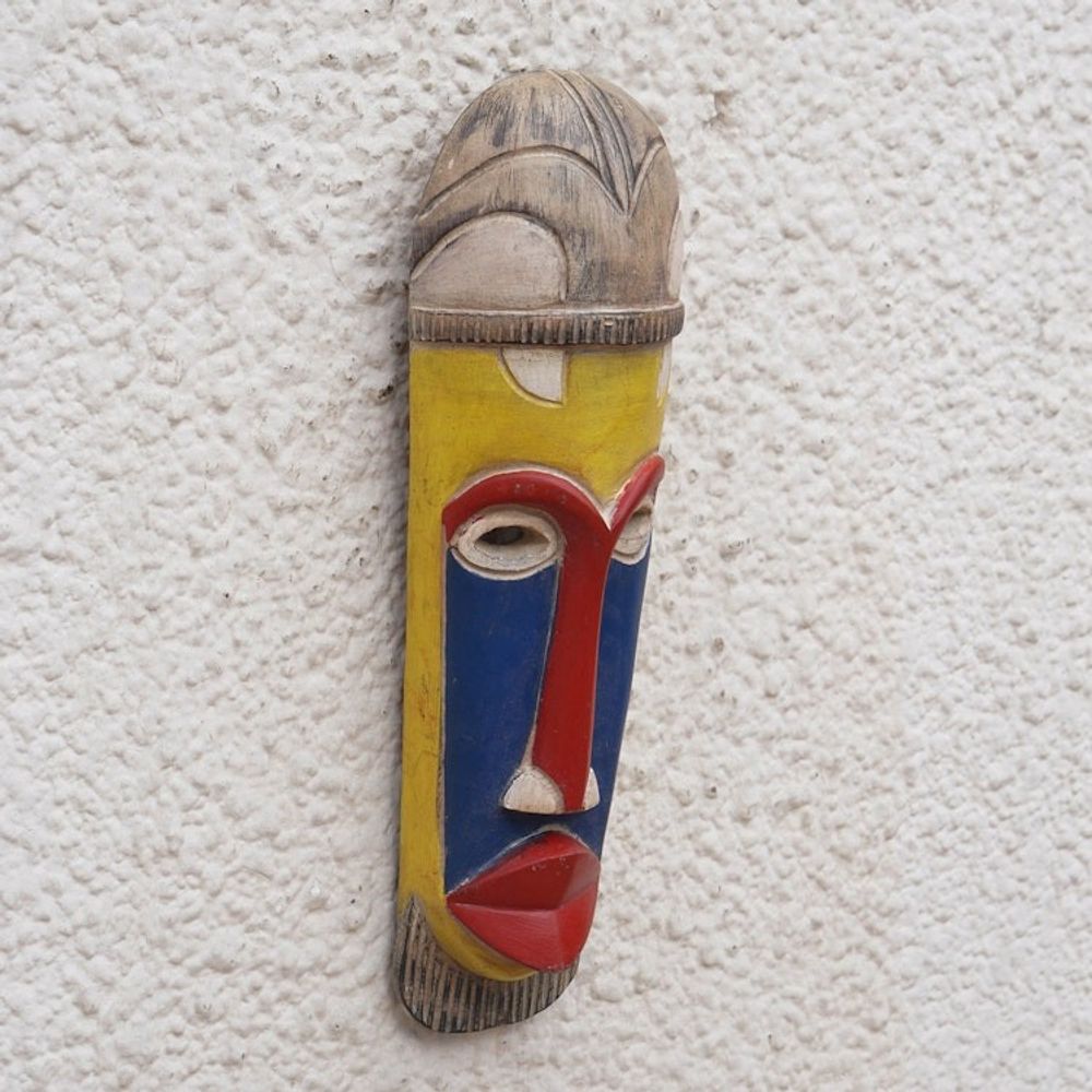 Handcrafted Blue, Red and Yellow African Sese Wood Mask 'Sankori'