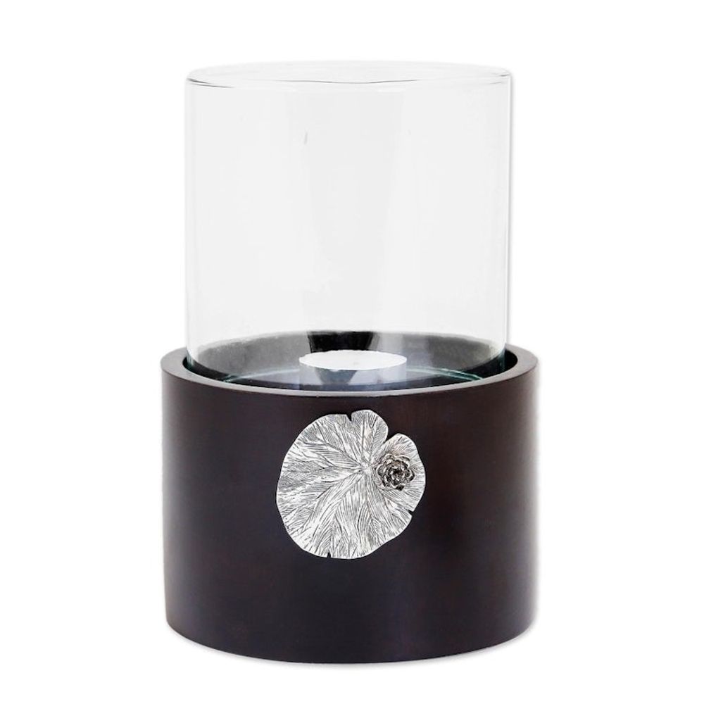 Lotus Motif Wood and Pewter Tealight Holder 'Elegant Lotus'