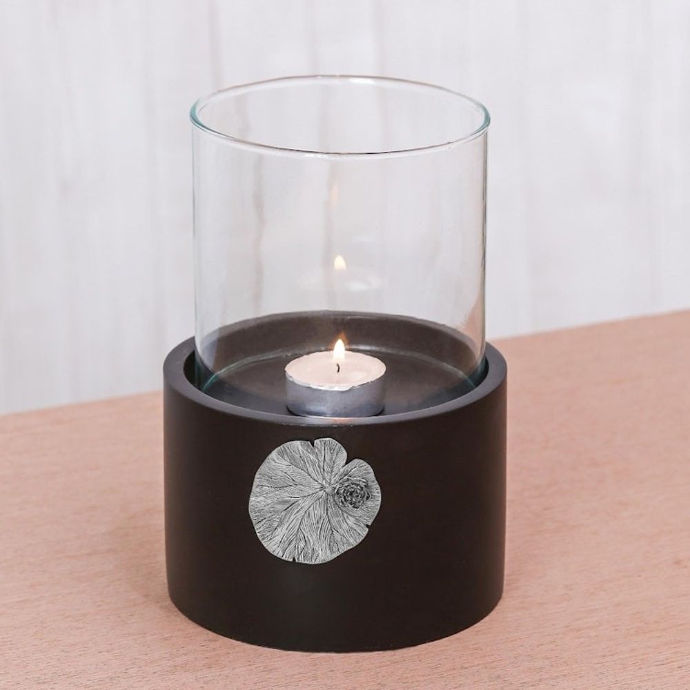 Lotus Motif Wood and Pewter Tealight Holder 'Elegant Lotus'