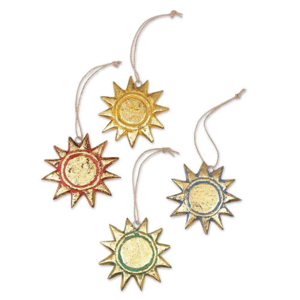 Four Gold Tone Albesia Wood Sun Ornaments from Bali 'Sunny Holiday'