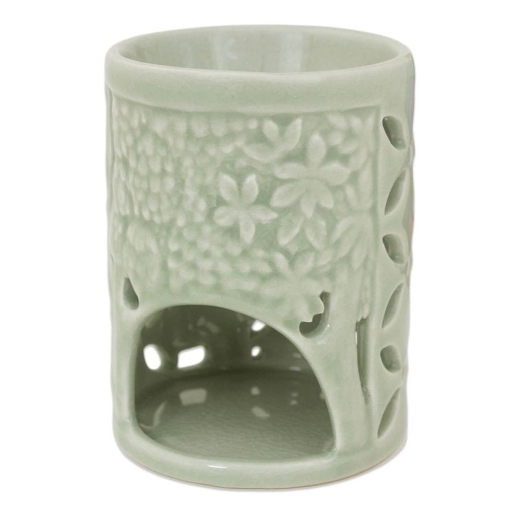 Hand Crafted Ceramic Clay Oil Warmer Thai Green Elephants 'Happy Forest'