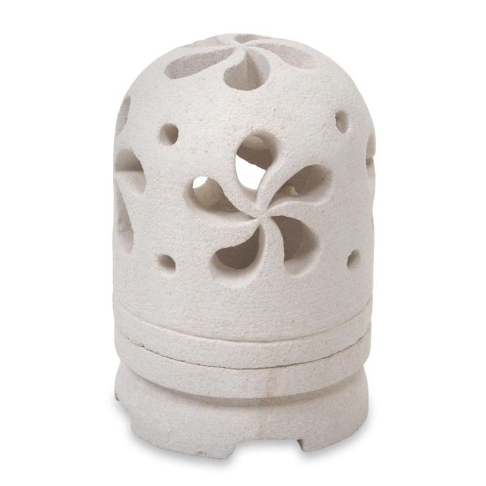 Balinese Carved Floral Limestone Tealight Holder Sculpture 'Jasmine Glow'