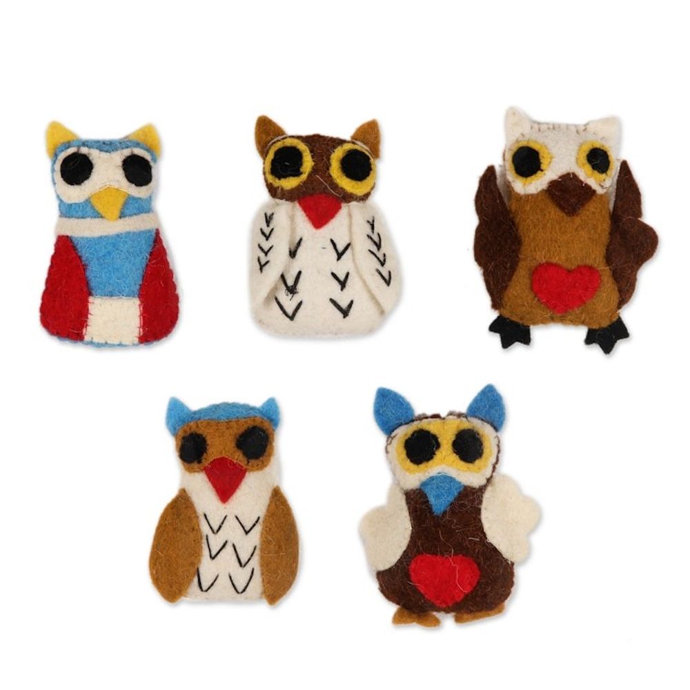 Colorful Wool Felt Owl Ornaments from India Set of 5 'Happy Owls'