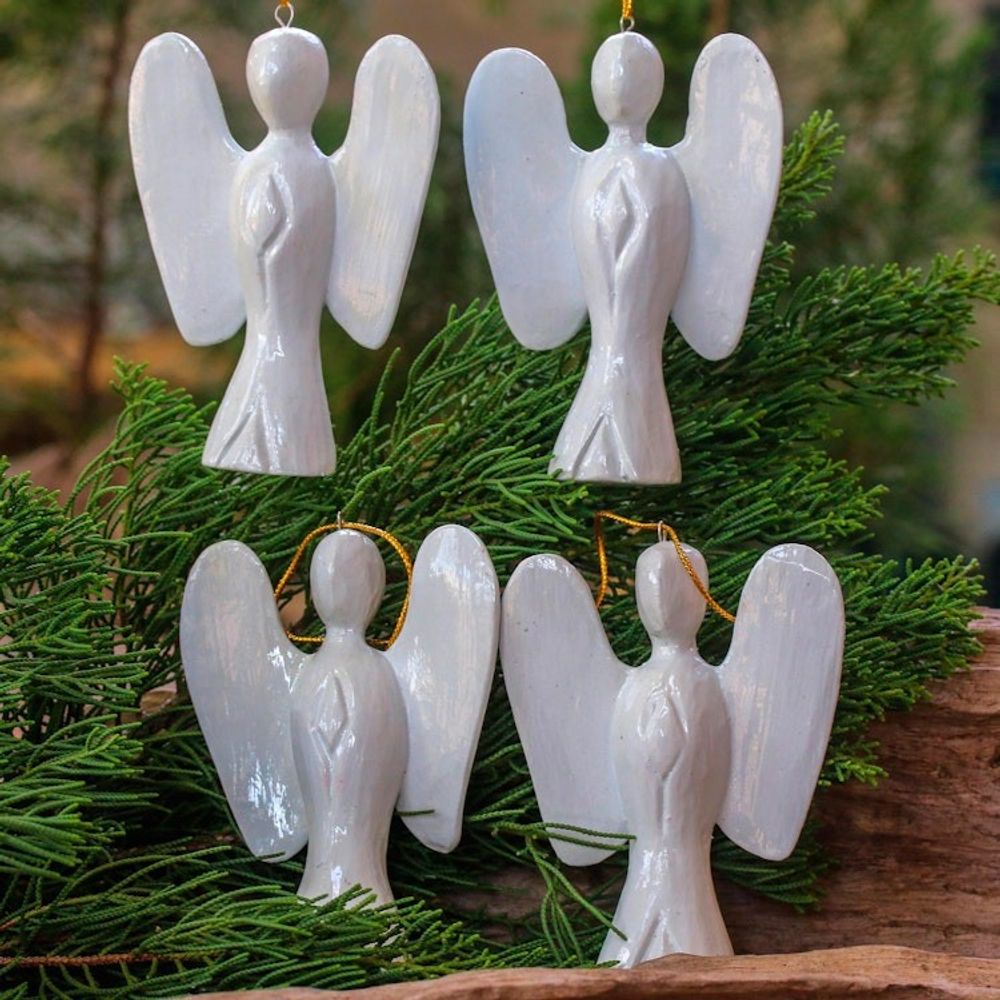 White Wood Angel Ornaments from Bali Set of 4 'Silent Angels'