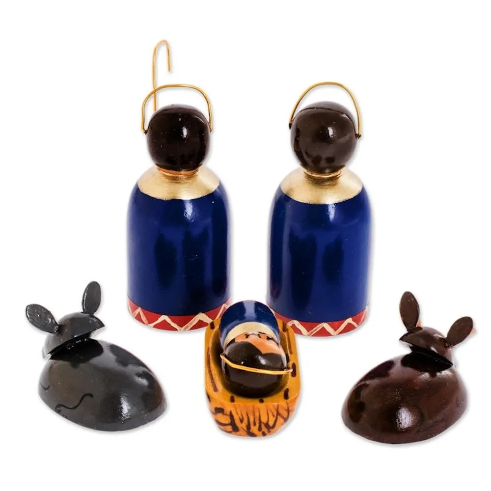 6 Piece Artisan Crafted Wood Nativity Scene in Royal Blue 'Holy Family in Royal Blue'