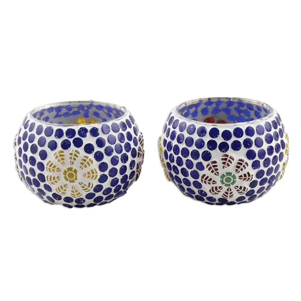 Blue Glass Mosaic Tealight Candleholders Pair 'Royal Light'