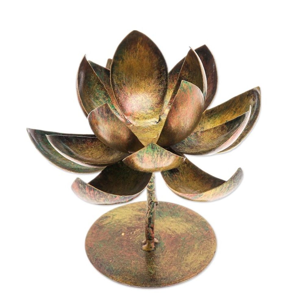 Handmade Lotus-Shaped Antique Golden Steel Tealight Holder 'Antique Lotus Benison'
