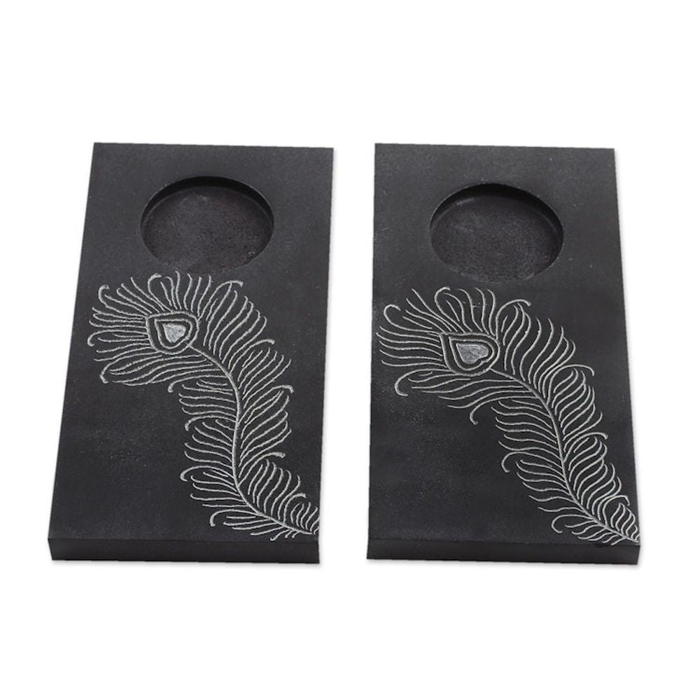 Pair of Handcrafted Soapstone Tealight Holders from India 'Peacock Flame''