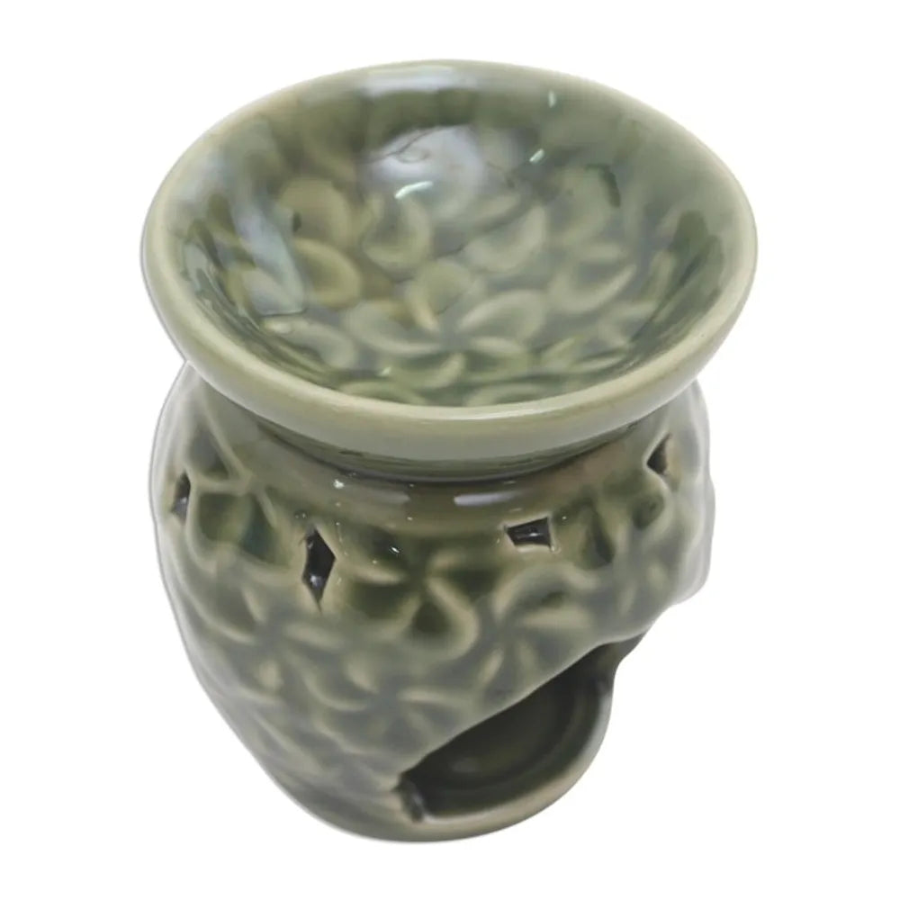 Frangipani Motif Green Ceramic Oil Warmer 'Jepun Flowers'