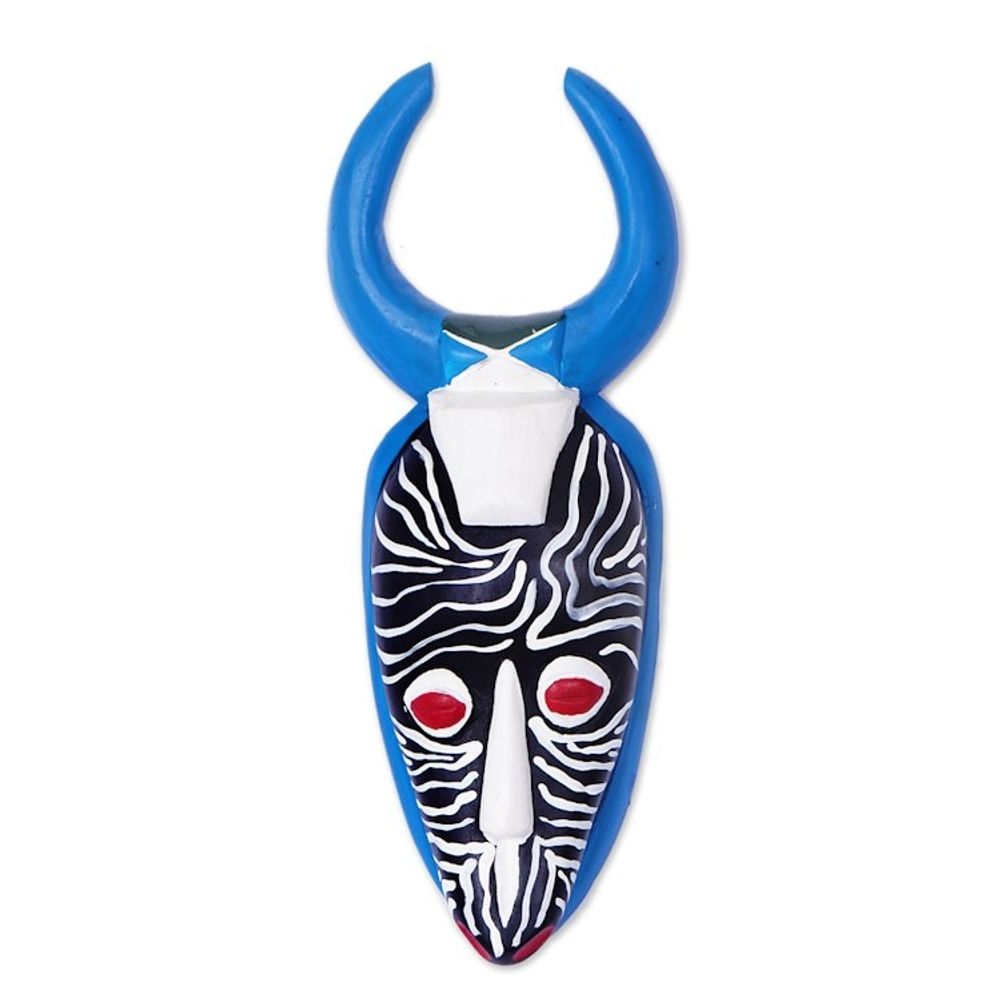 Baule Warrior from Cote d'Ivoire Hand-Painted Wood Mask 'Horn Warrior'