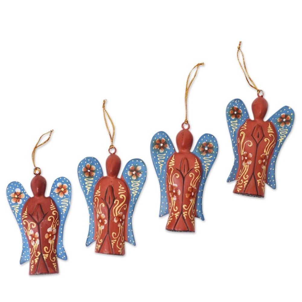 Set of 4 Crocodile Wood Hand-Painted Angel Ornaments 'Festive Heaven'