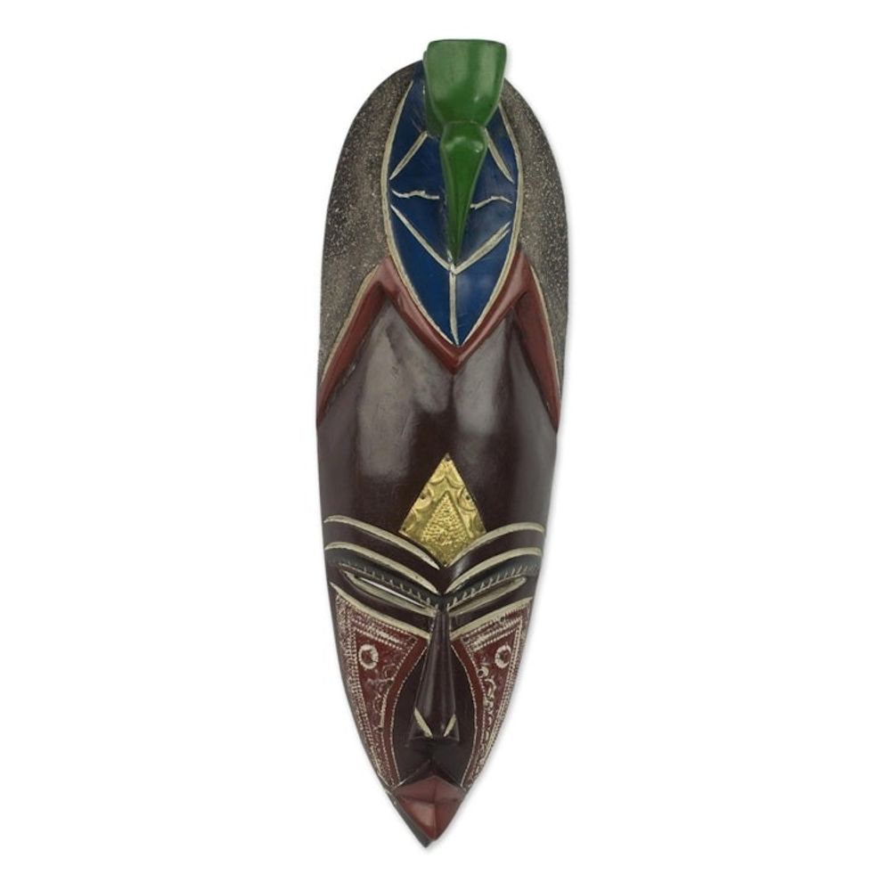Hand Carved African Brass Aluminum Sese Wood Mask from Ghana 'Adi Pa'