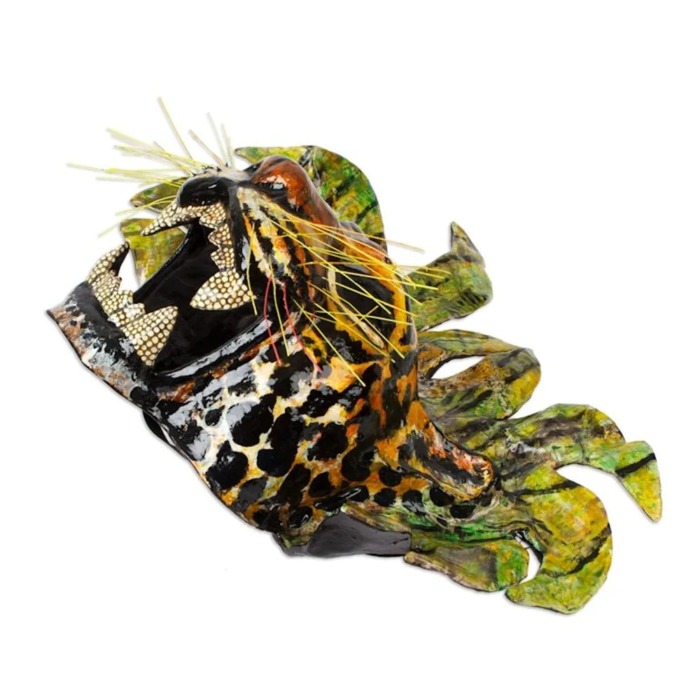 Hand-Painted Lacquered Mexican Jaguar Papier Mache Mask 'Green Jaguar'