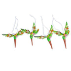 Set of 4 Handcrafted Copal Wood Bird Ornaments in Kiwi 'Kiwi Flutter'