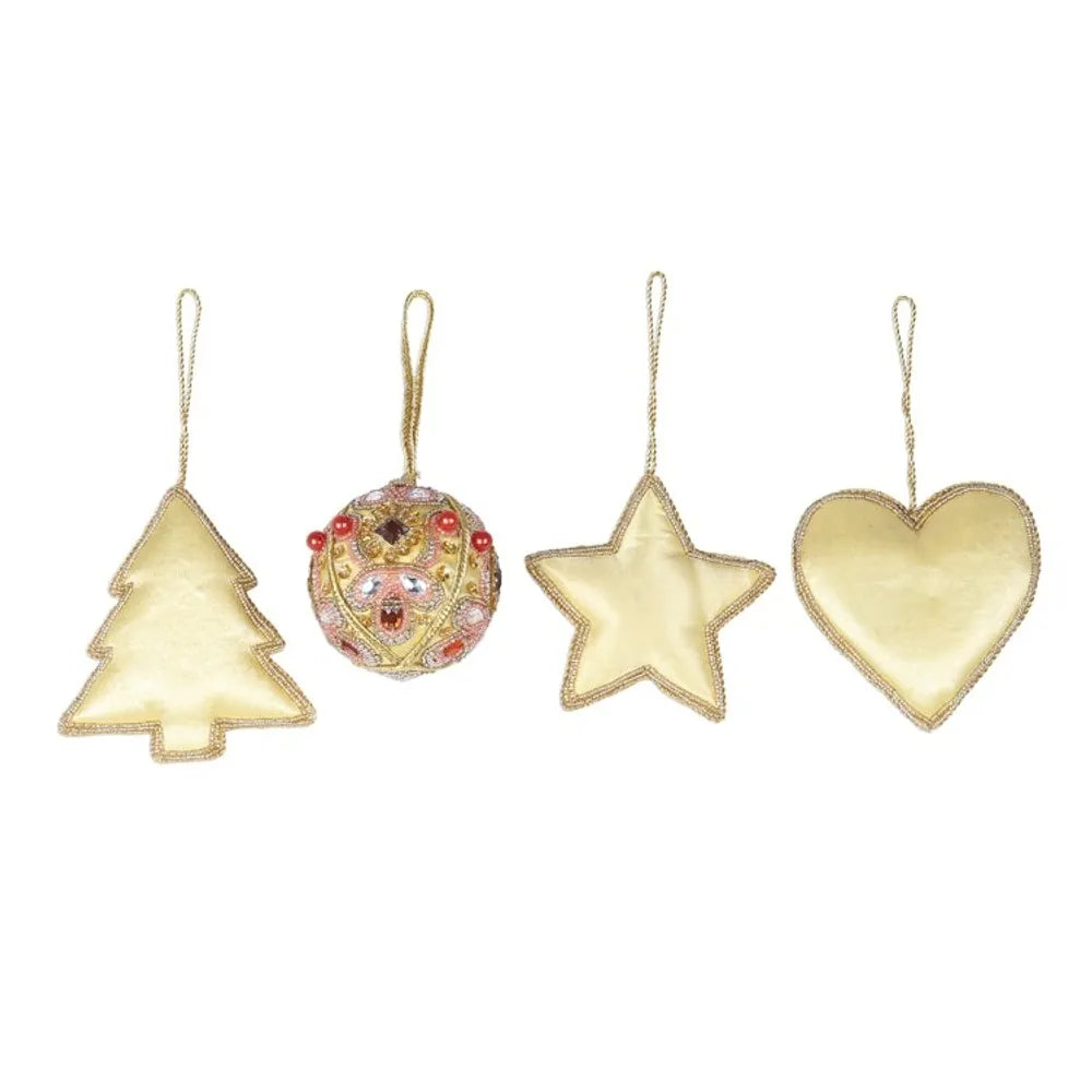 Red and Gold Embellished Satin Ornaments Set of 4 'Lavish Holiday'