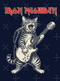 A heavy metal cat rocks out on guitar and vocals in an "Iron Meowiden" band parody design. by bluel_evin