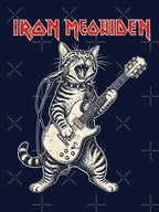 A heavy metal cat rocks out on guitar and vocals in an "Iron Meowiden" band parody design. by bluel_evin