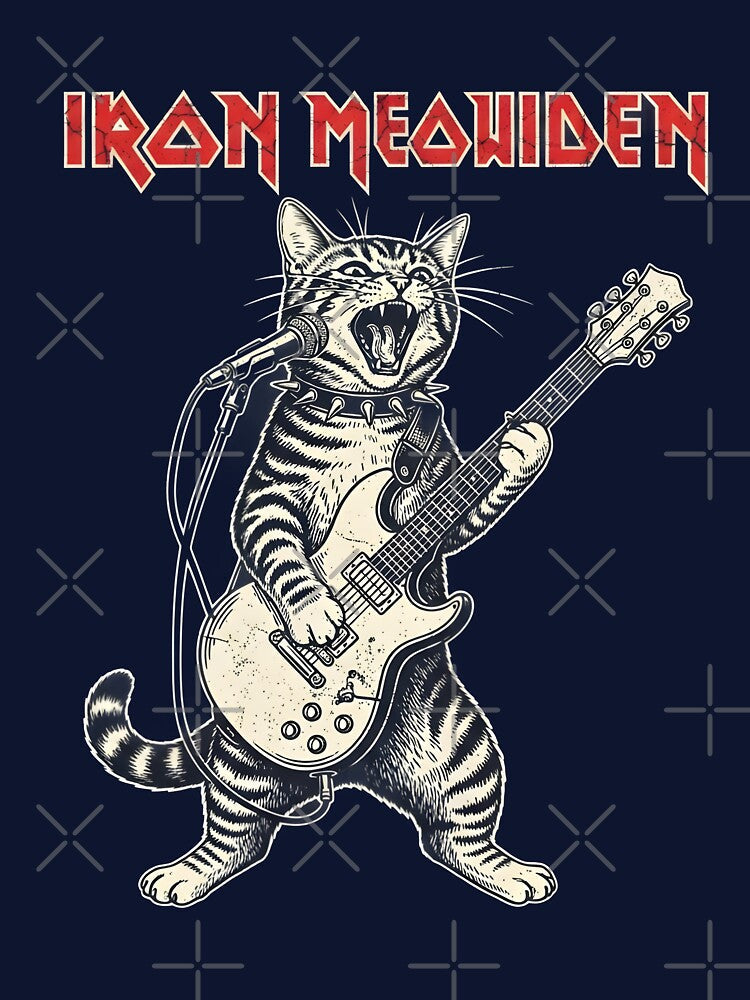 A heavy metal cat rocks out on guitar and vocals in an "Iron Meowiden" band parody design. by bluel_evin