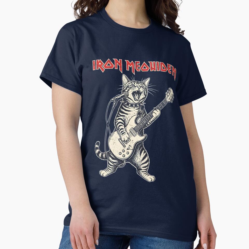 A heavy metal cat rocks out on guitar and vocals in an "Iron Meowiden" band parody design. by bluel_evin