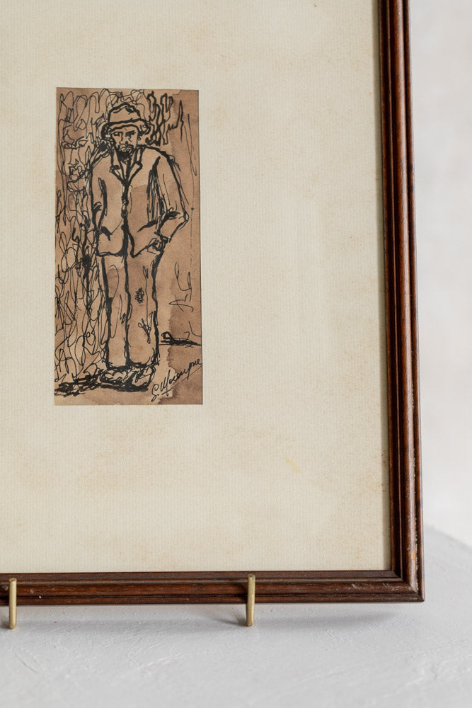 Vintage Framed Man Inked Drawing