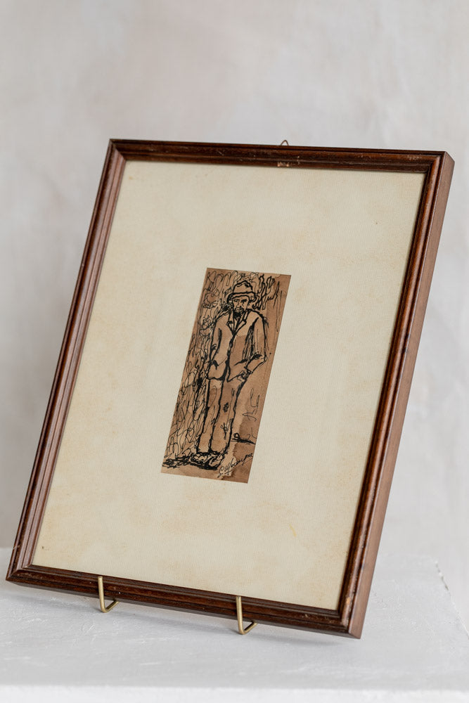 Vintage Framed Man Inked Drawing