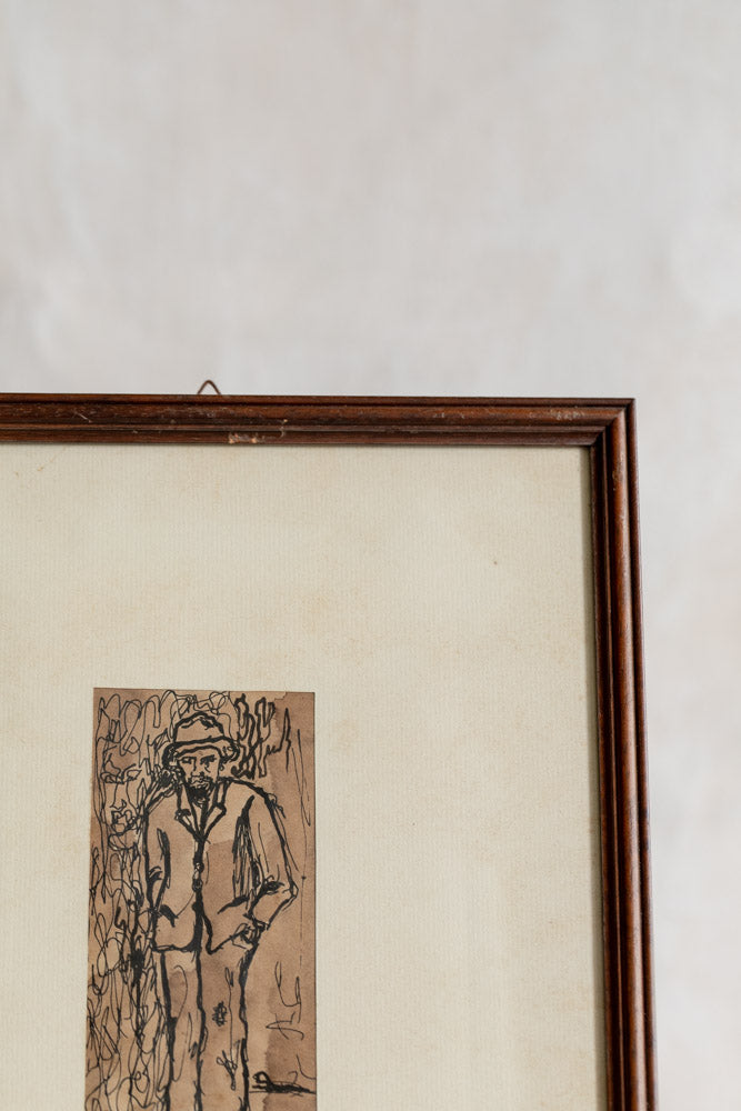 Vintage Framed Man Inked Drawing