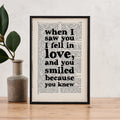 When I Saw You I Fell in Love – Romantic Book Page Quote Print